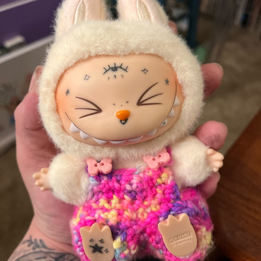 Pink Handmade Crochet Labubu HAS Overalls